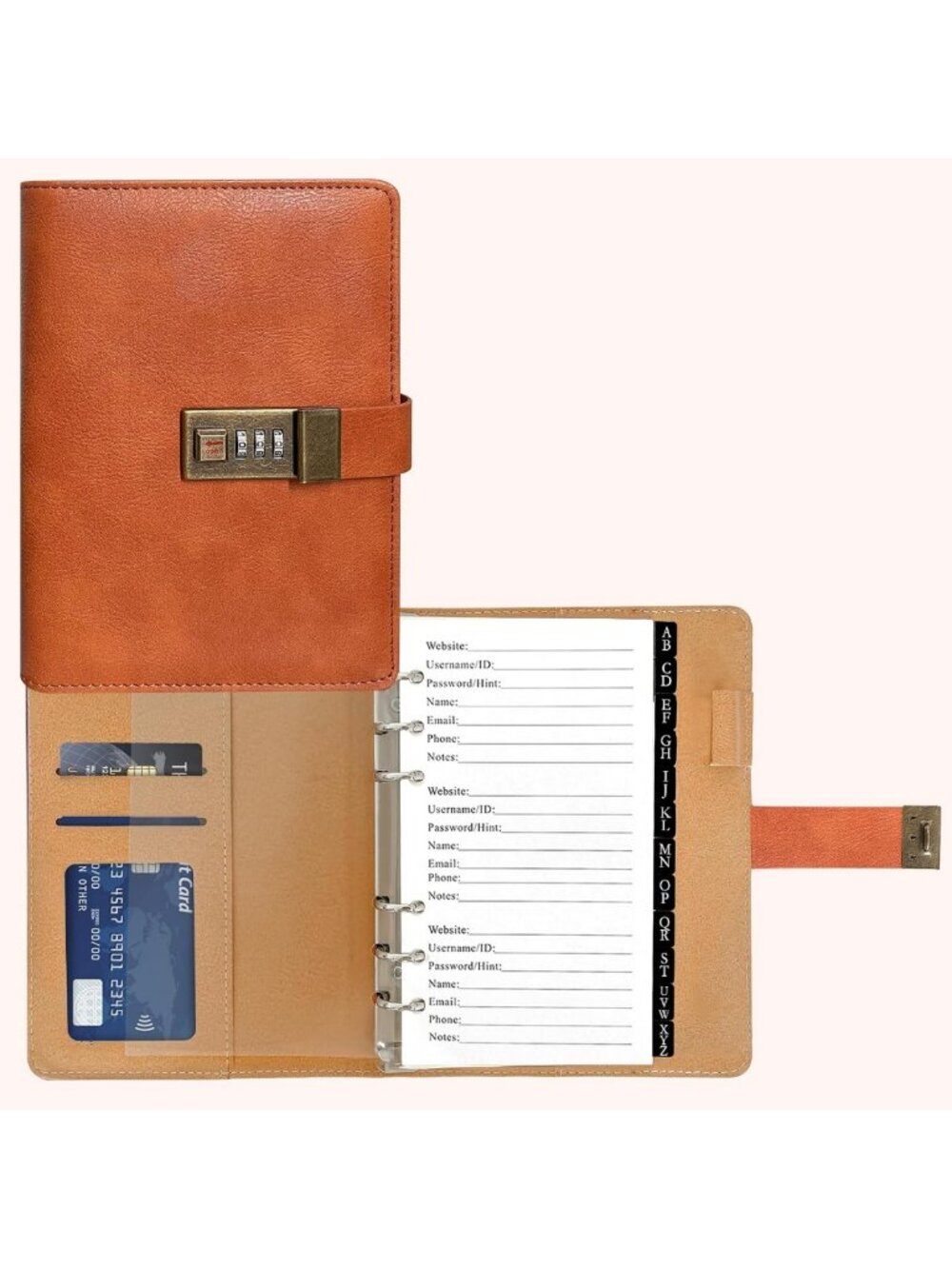 Lockable Password Keeper Journal - 316 Pages, Alphabetical Tabs, Brown